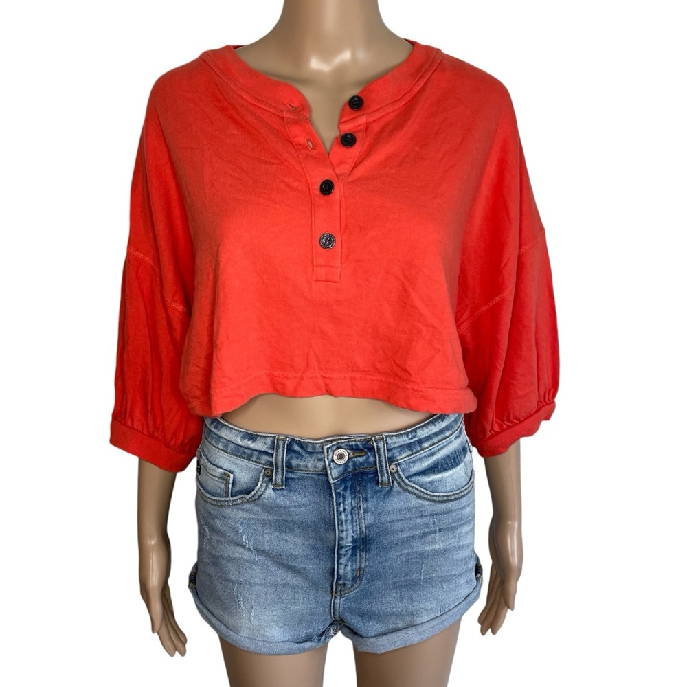 Free People Red Cropped Henley Short Sleeve Tee